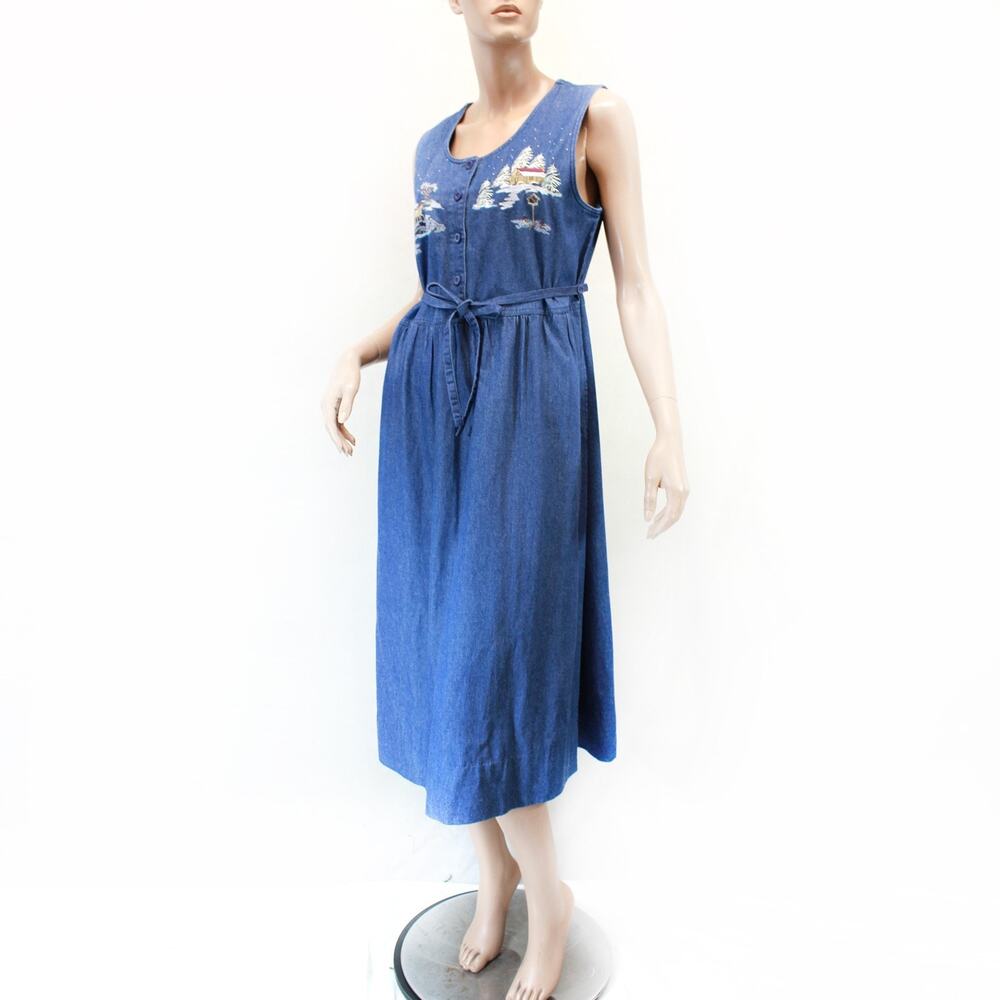 Tradition Country Collection Denim Prairie Girl Embroidered Tie Dress Y2K Medium
